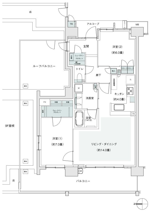 パークホームズ伊丹稲野ガーデンスクエア パークフロントの間取り図　74Aer：2LDK+WIC+SIC