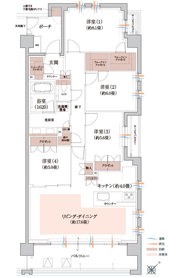 Brillia(ブリリア) 夙川高塚町の間取り図　E-H：4LDK+2WIC+SIC+TR+N