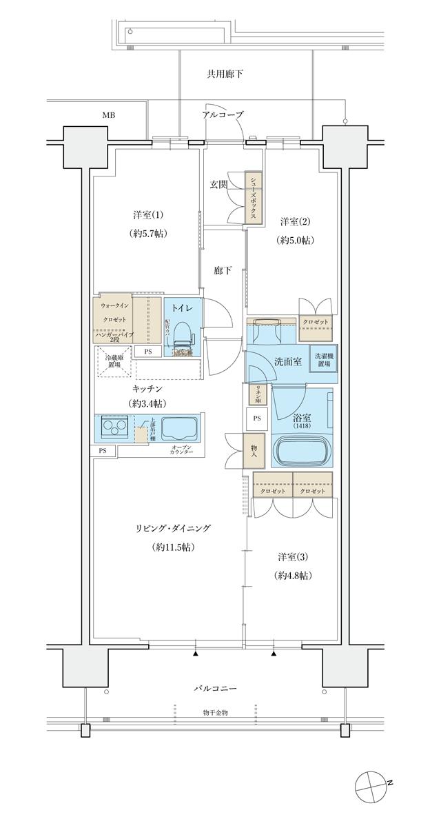 シエリア島本の間取り図　B：3LDK+WIC