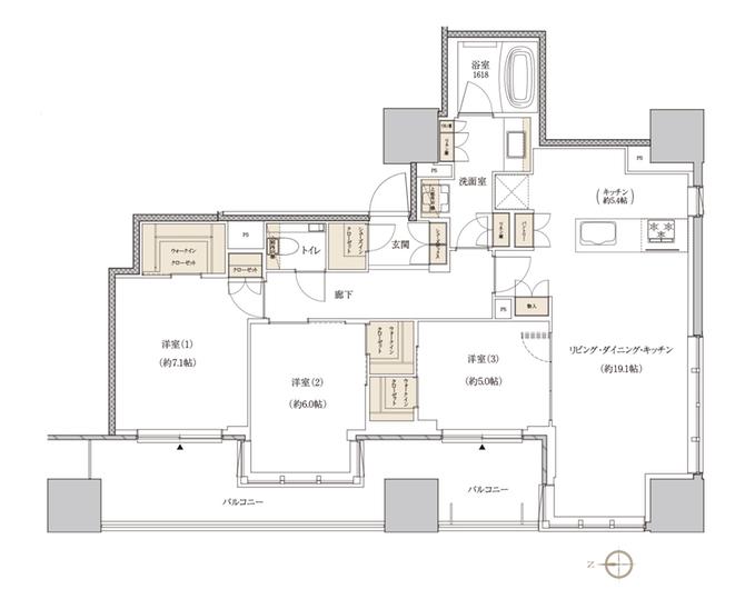レグナスタワー新梅田の間取り図　E-90M：3LDK+3WIC+SIC