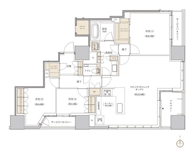 レグナスタワー新梅田の間取り図　E-101N：3LDK+WIC+SIC+TR