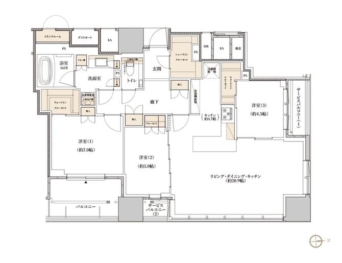 レグナスタワー新梅田の間取り図　E-91O：3LDK+2WIC+SIC+TR
