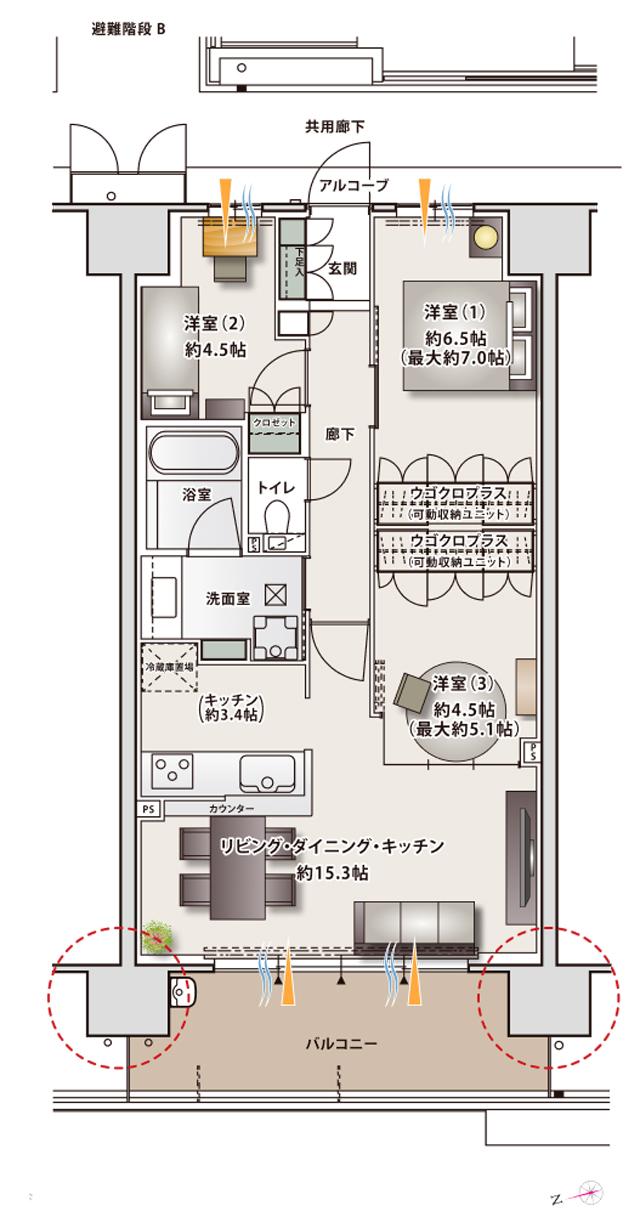 シャルマンフジ パーク＆リンクスESTの間取り図　F：3LDK+ウゴクロプラス