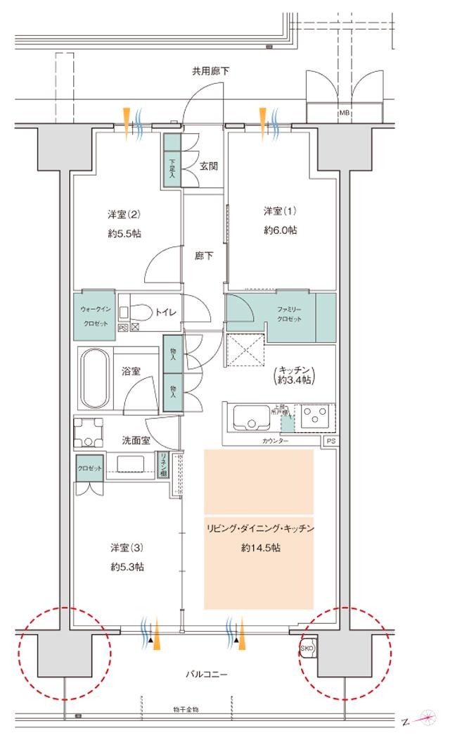 シャルマンフジ パーク＆リンクスESTの間取り図　G：3LDK+FC+WIC
