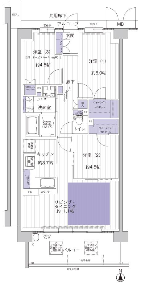 メイツ園田テラスシティの間取り図　G1：3LDK+2WIC／2LDK+S+2WIC