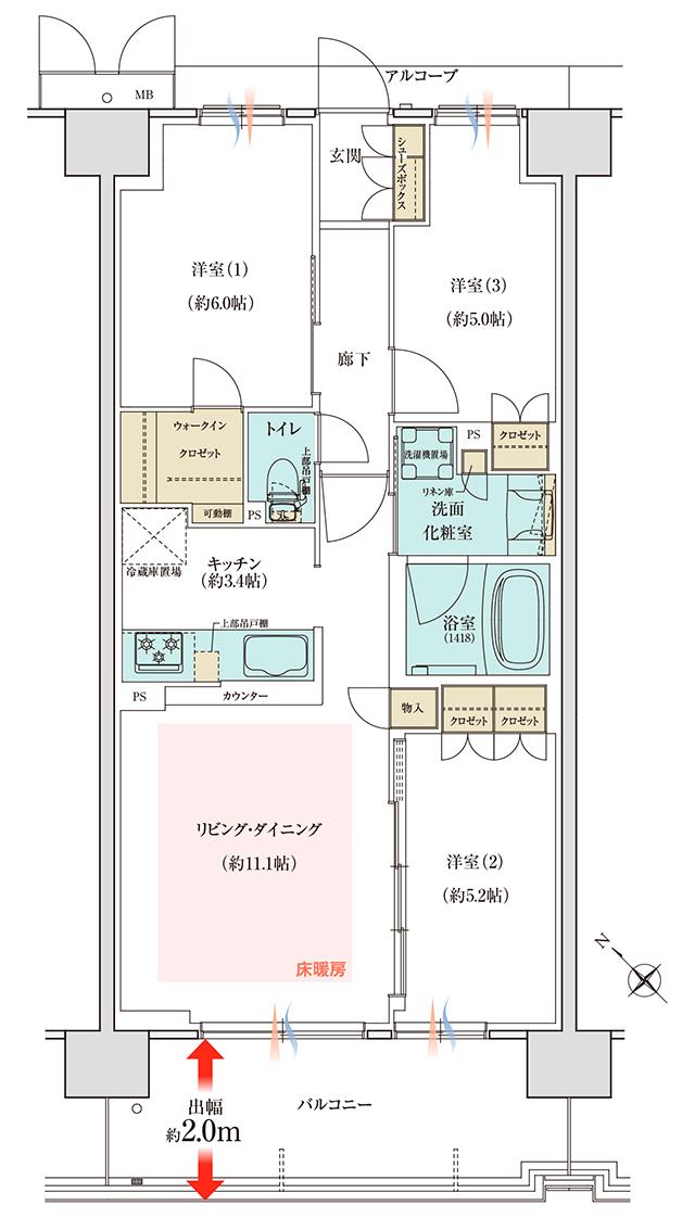 シャリエ大津膳所の間取り図　AB：3LDK+WIC