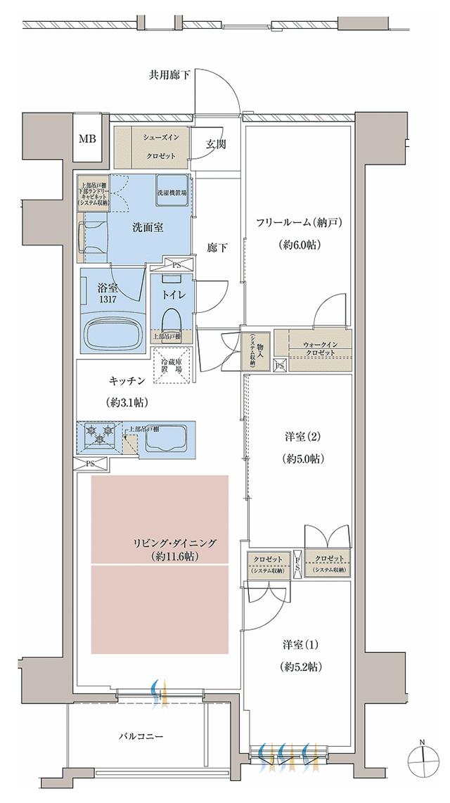レーベン京都河原町五条 ONE SUITEの間取り図　D：2LDK+F+WIC+SIC