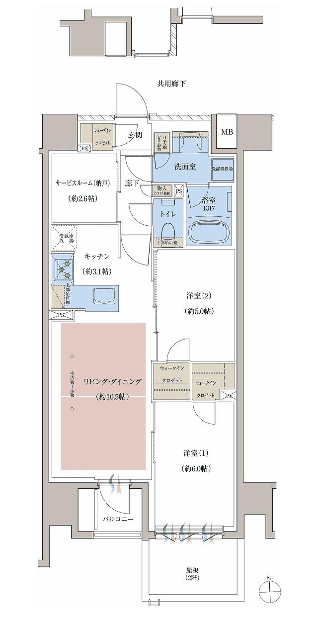 レーベン京都河原町五条 ONE SUITEの間取り図　F：2LDK+S+2WIC+SIC