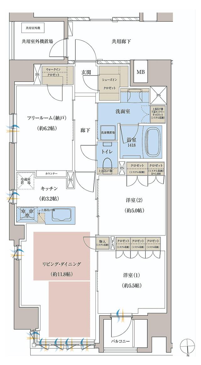 レーベン京都河原町五条 ONE SUITEの間取り図　J：2LDK+F+WIC+SIC