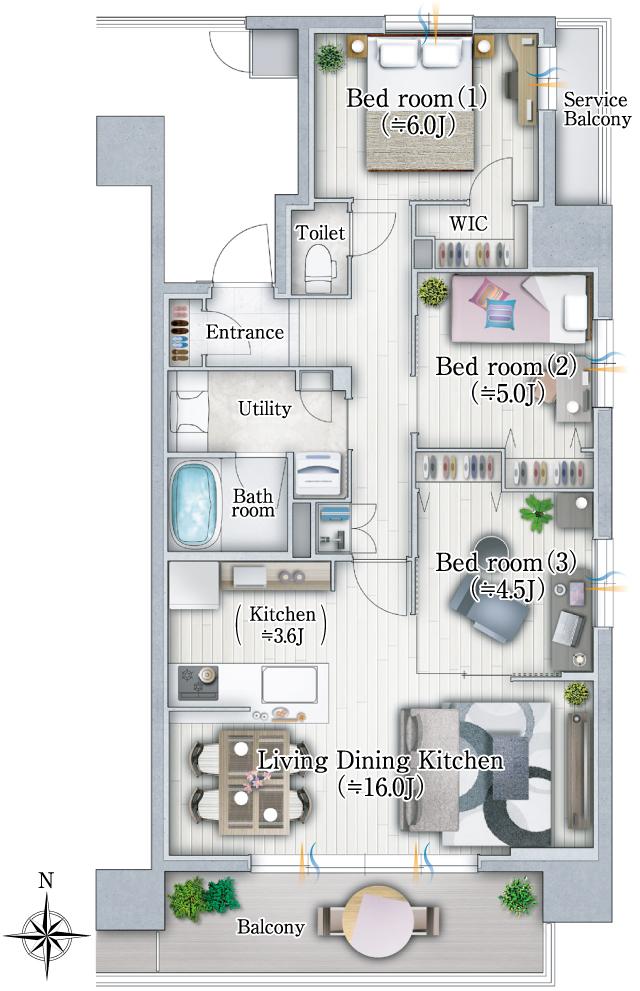 ユニハイム京都西院高辻通の間取り図　A：3LDK＋WIC＋SC/2LDK+S＋WIC＋SC