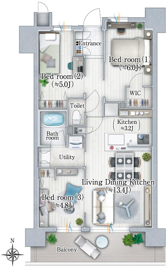 ユニハイム京都西院高辻通の間取り図　D：3LDK＋WIC/2LDK+S＋WIC
