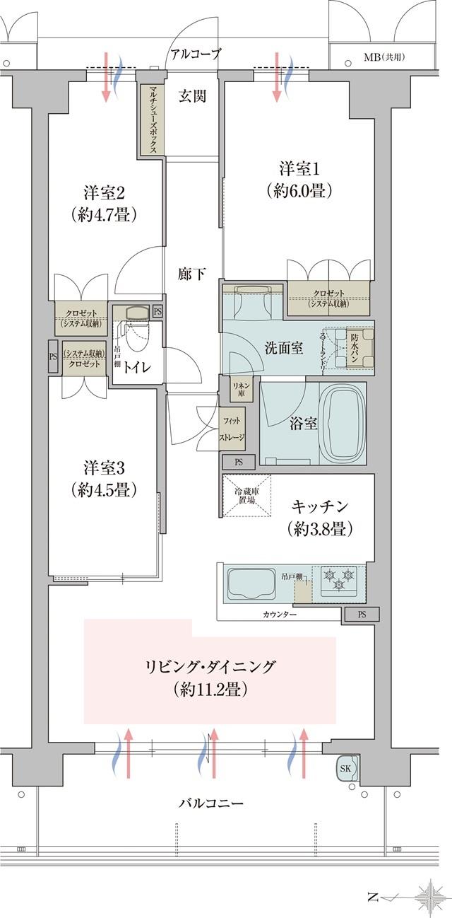 ガーデンシティ新金岡の間取り図　WB：3LDK