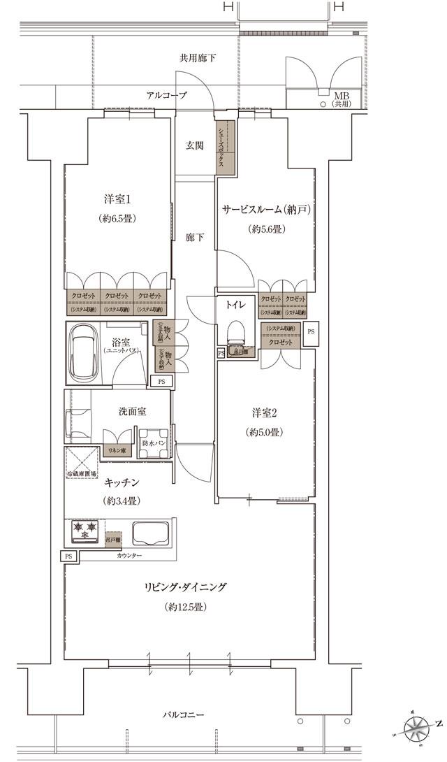 ローレルコート姫路大手前通りの間取り図　J：2LDK+S(納戸)