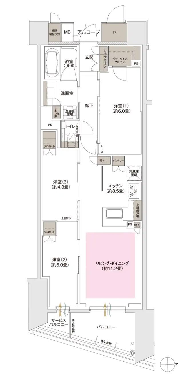 ブランズ京都河原町通の間取り図　K：3LDK+WIC