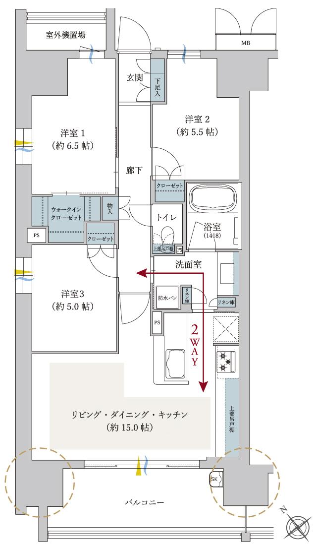 サンリヤン堺の間取り図　A：3LDK+WIC