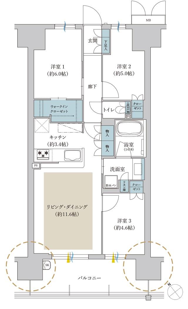 サンリヤン堺の間取り図　C：3LDK+WIC