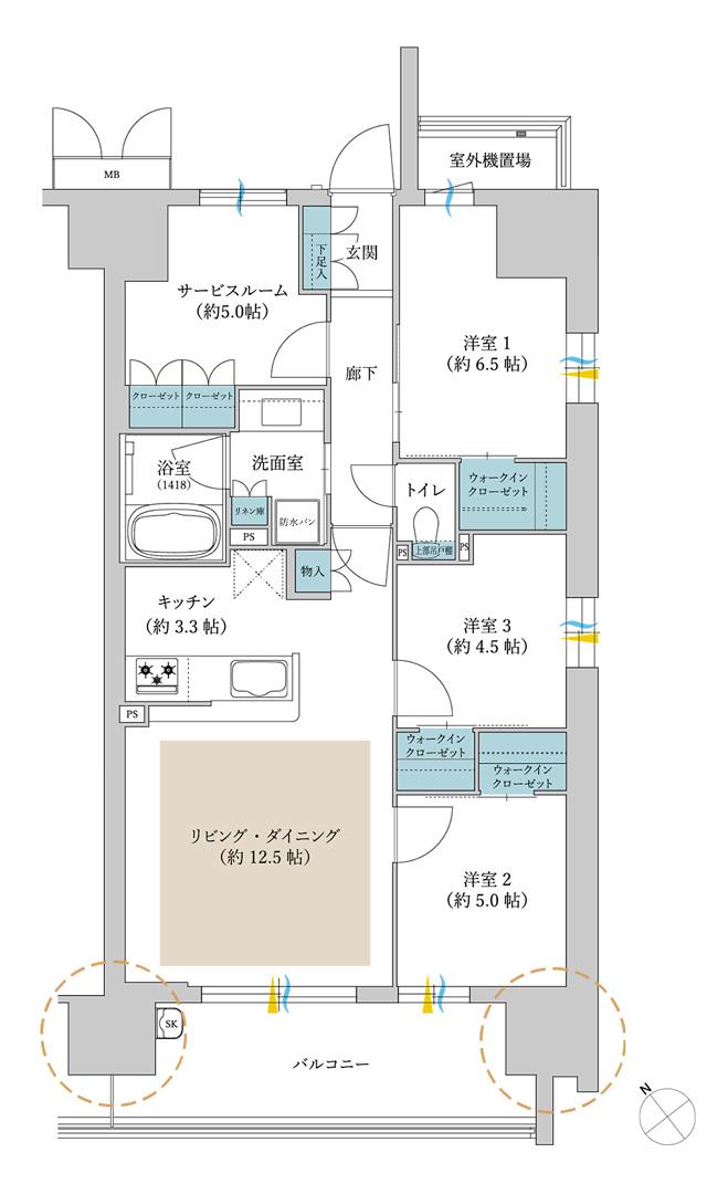 サンリヤン堺の間取り図　F：3LDK+S+WIC
