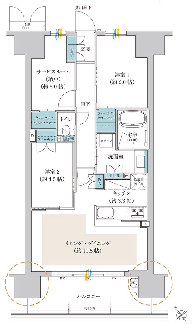 サンリヤン堺の間取り図　B：2LDK+S+WIC