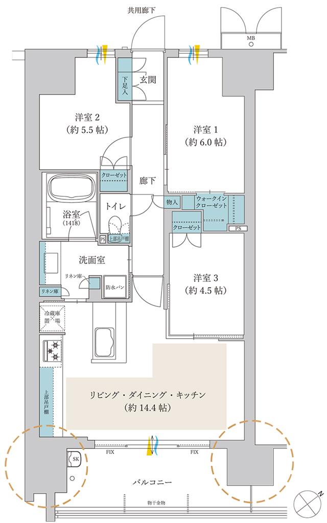 サンリヤン堺の間取り図　G：3LDK+WIC