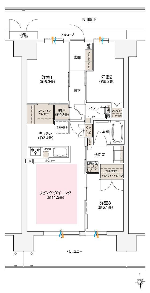 ローレルスクエア長原ザ・ランドマークスの間取り図　BD：3LDK