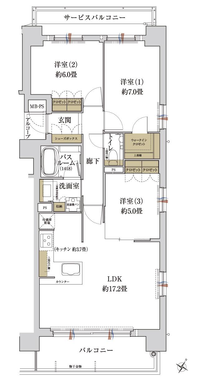 ワコーレ六甲ザ・レジデンスの間取り図　F1：3LDK