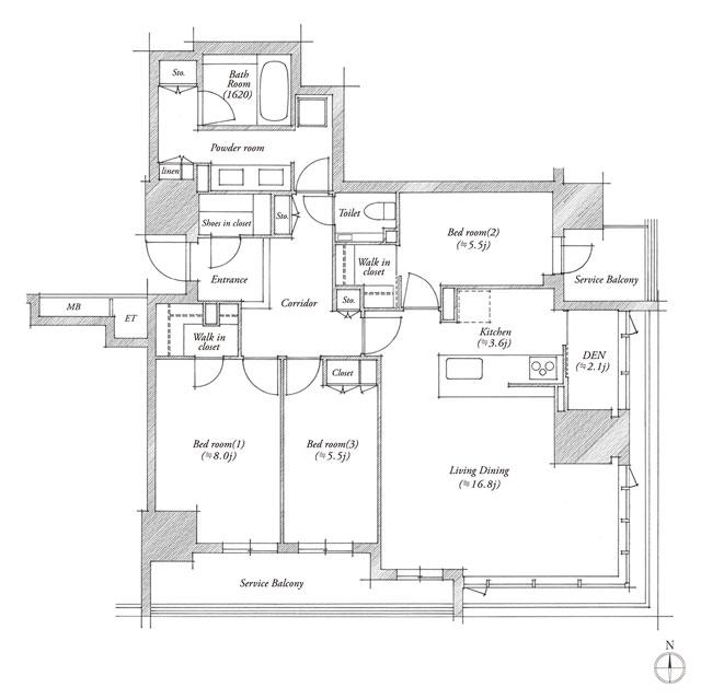 シエリアタワー北浜の間取り図　J：3LDK＋DEN＋N+2WIC＋SIC
