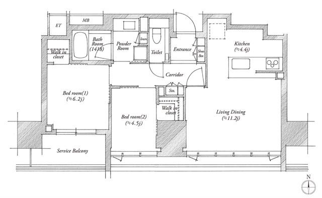 シエリアタワー北浜の間取り図　B：2LDK+2WIC