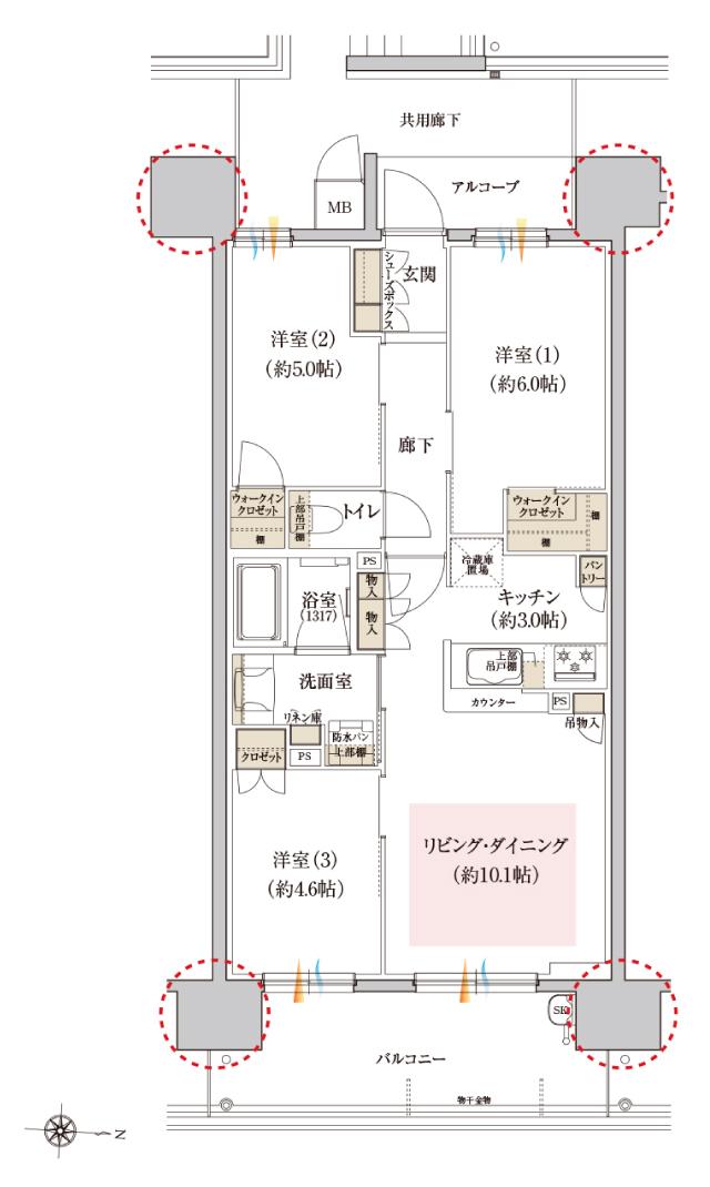 カサーレ上新庄ブライトマークスの間取り図　C：3LDK+2WIC