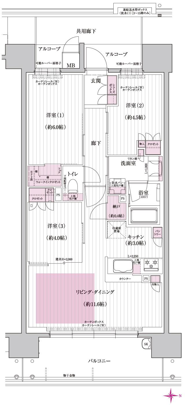 カサーレ上新庄ブライトマークスの間取り図　B：3LDK+N+WIC