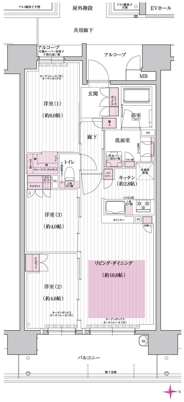 カサーレ上新庄ブライトマークスの間取り図　D：3LDK+WIC