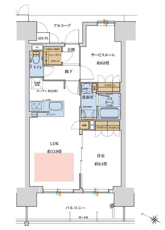 ワコーレ神戸P.I.TOWER RESIDENCEの間取り図　B：1LDK+S
