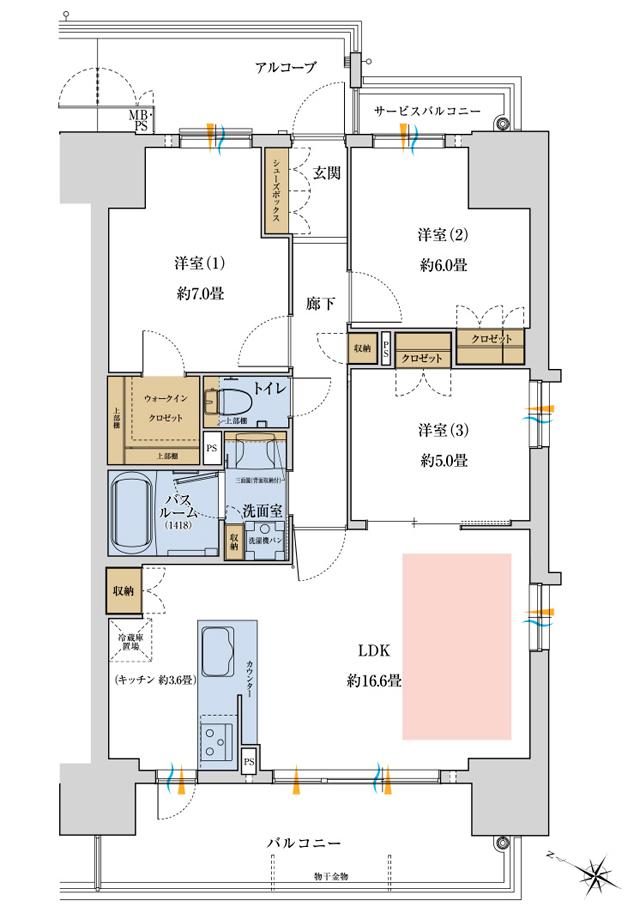 ワコーレ神戸P.I.TOWER RESIDENCEの間取り図　D2：3LDK