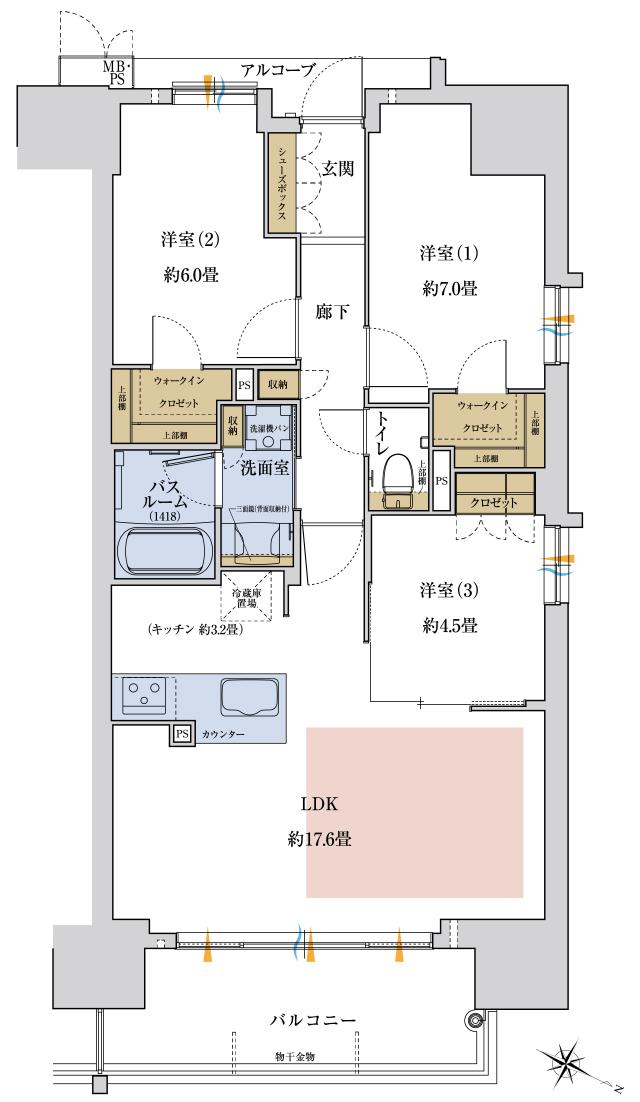 ワコーレ神戸P.I.TOWER RESIDENCEの間取り図　G：3LDK