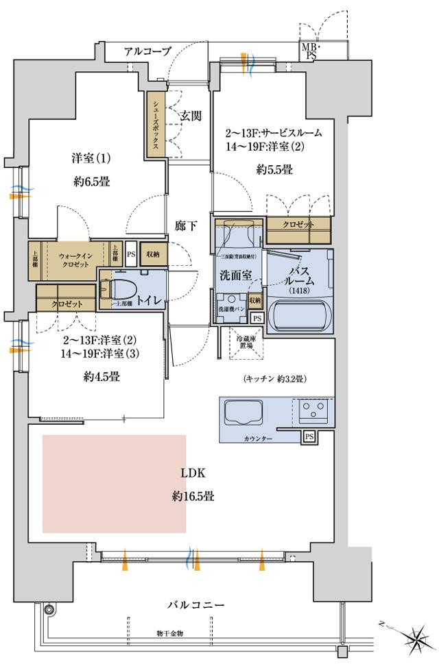 ワコーレ神戸P.I.TOWER RESIDENCEの間取り図　A：3LDK/2LDK+S