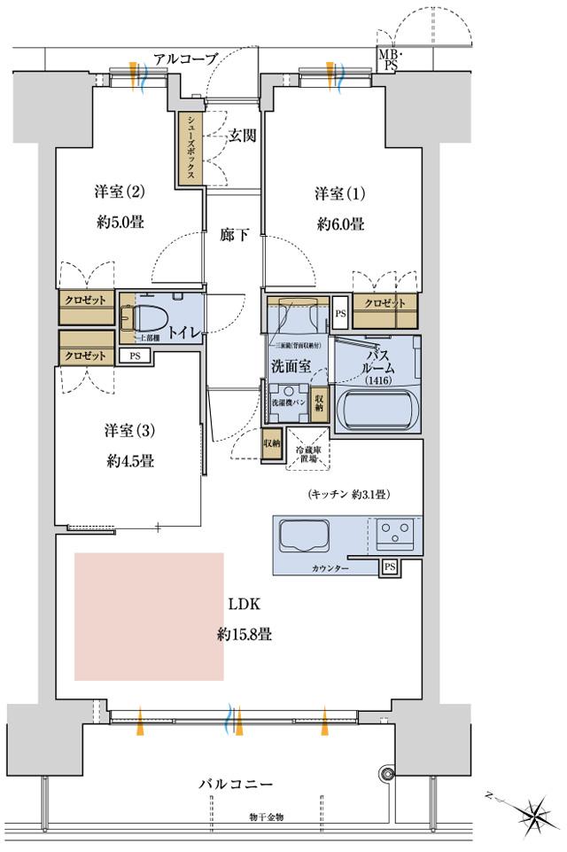 ワコーレ神戸P.I.TOWER RESIDENCEの間取り図　C：3LDK