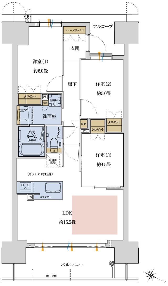 ワコーレ神戸P.I.TOWER RESIDENCEの間取り図　F：3LDK