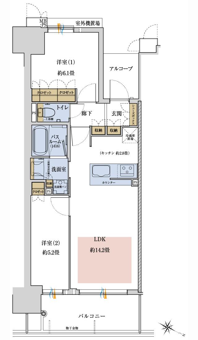ワコーレ神戸P.I.TOWER RESIDENCEの間取り図　H：2LDK