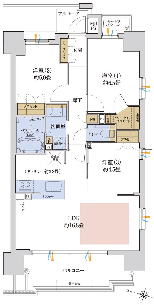 (仮称)ワコーレJR灘駅近・王子公園近接マンションプロジェクトの間取り図　B3：3LDK