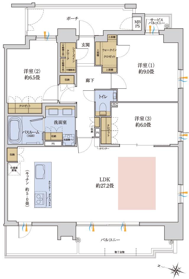 (仮称)ワコーレJR灘駅近・王子公園近接マンションプロジェクトの間取り図　H：3LDK