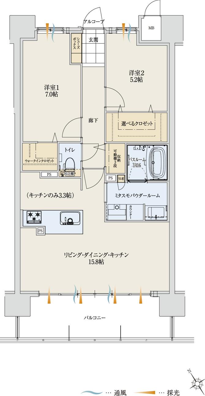 アルファステイツ能登川駅の間取り図　C：2LDK+ミタスモパウダールーム+選べるクロゼット