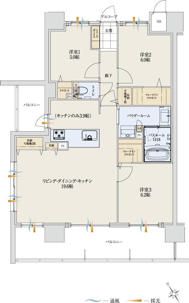 アルファステイツ能登川駅の間取り図　A：3LDK+2ウォークインクロゼット