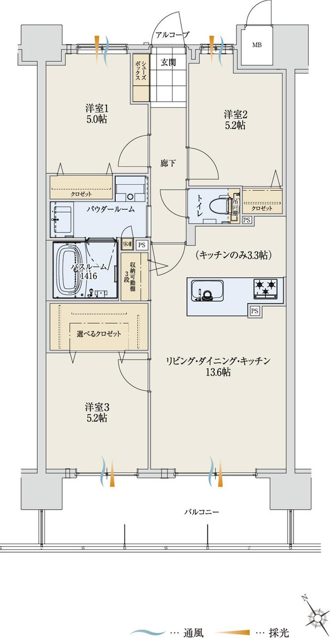 アルファステイツ能登川駅の間取り図　F：3LDK+選べるクロゼット