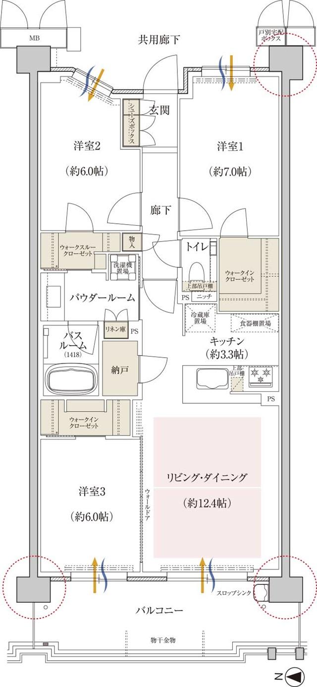 プレミスト京都 松ケ崎の間取り図　AH：3LDK+N+WTC+2WIC