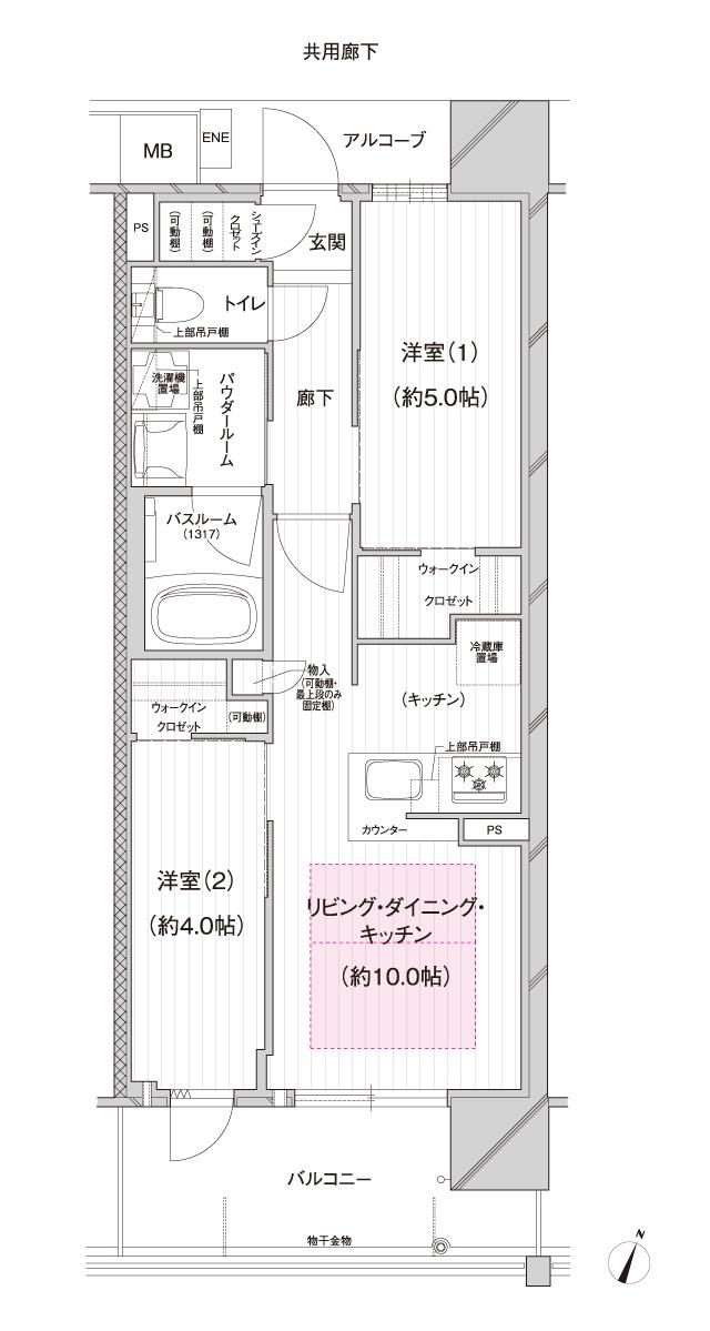 プレサンス ロジェ 福島野田グランアリーナの間取り図　E2：2LDK+2WIC+SIC
