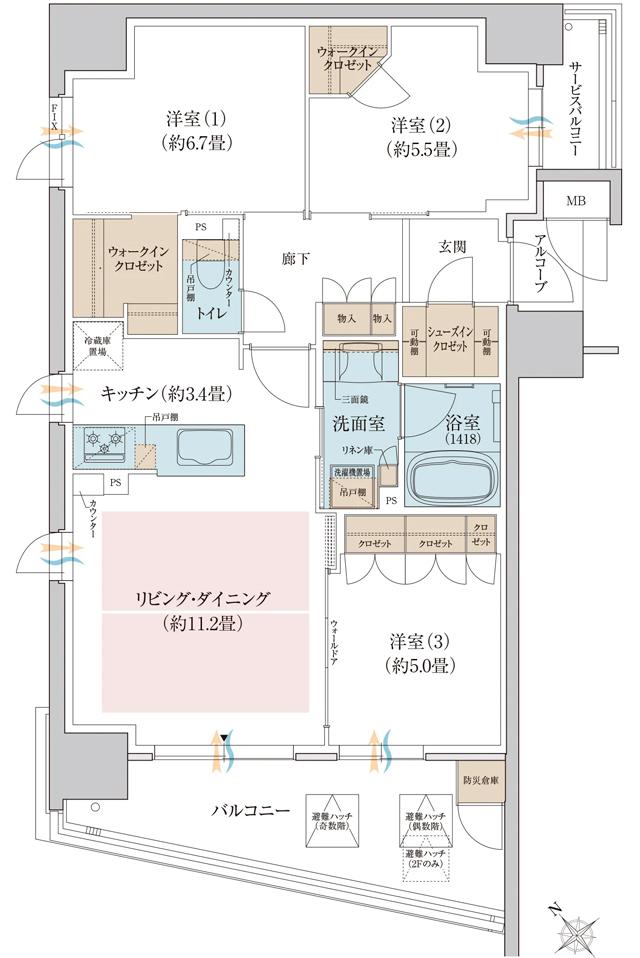 リビオ堺グリーンアベニューの間取り図　A：3LDK+2WIC+SIC