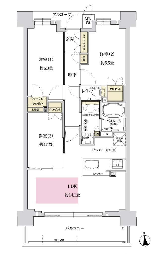 ワコーレシティ西宮の間取り図　E：3LDK