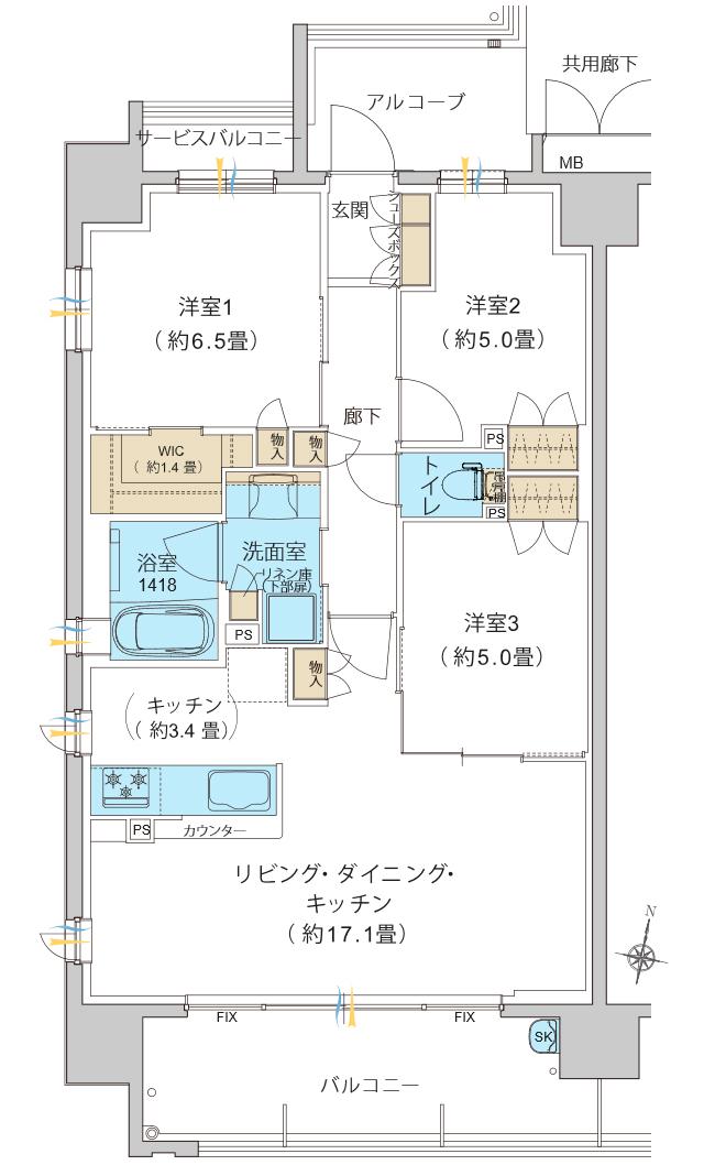 ヴェリテ鳳の間取り図　A：3LDK+WIC