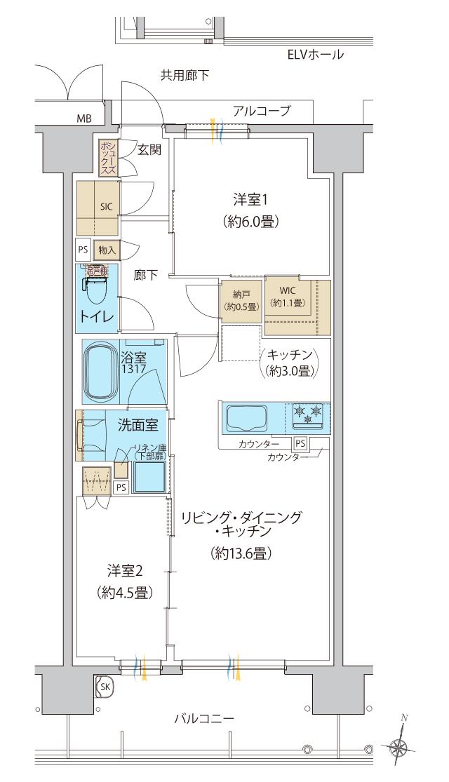 ヴェリテ鳳の間取り図　B：2LDK+WIC+N+SIC