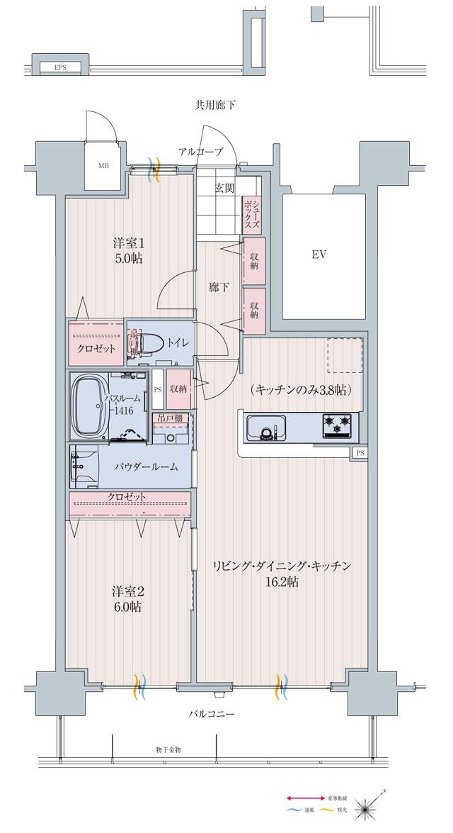 アルファスマート明石魚住の間取り図　B：2LDK
