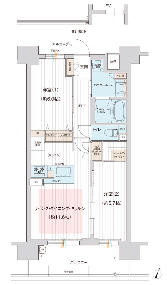 プレサンス ロジェ 淡路ダイナプレイスの間取り図　B：2LDK+WIC
